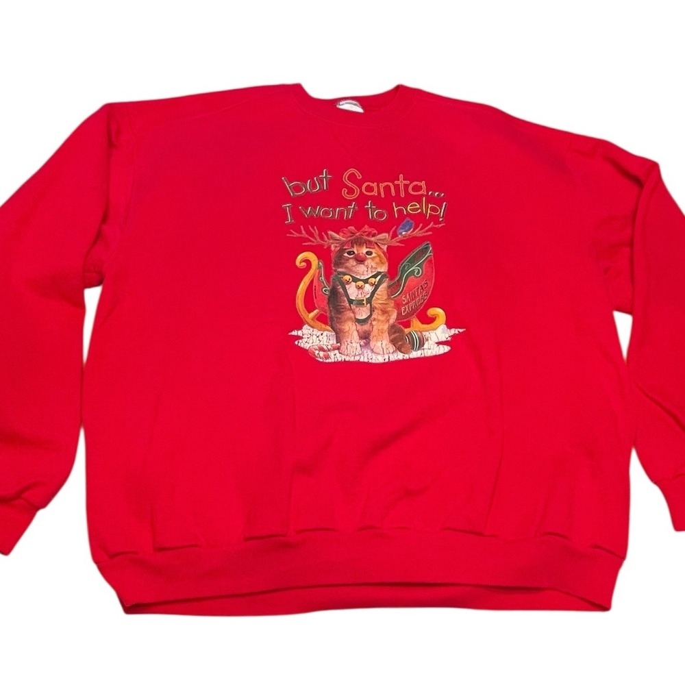 Vintage Air Waves Christmas Cat Sweatshirt But Santa I Want to Help 90s XL? - Picture 2 of 11
